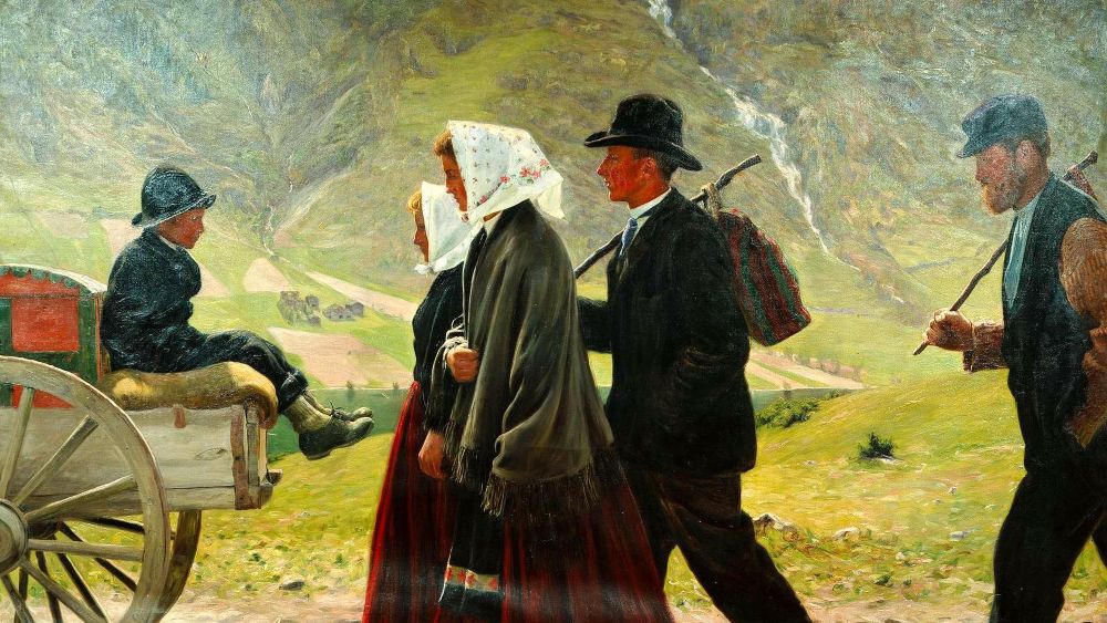 Et maleri av to kvinner med skaut, to menn med hatt og et barn som sitter på en kjerre, med fin norsk natur i bakgrunnen. 