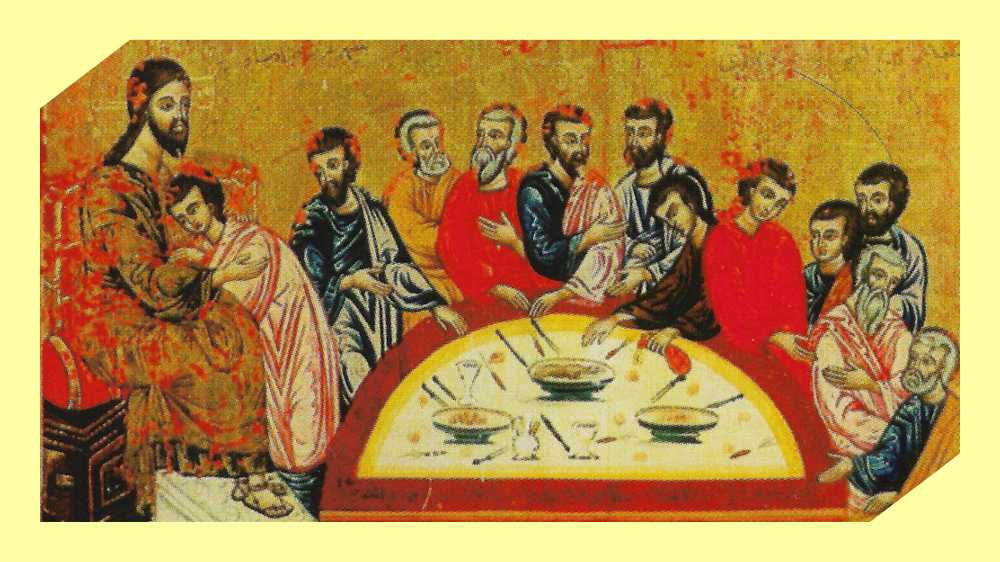 Tolv menn sitter rundt et bord med mat. Maleri. 
