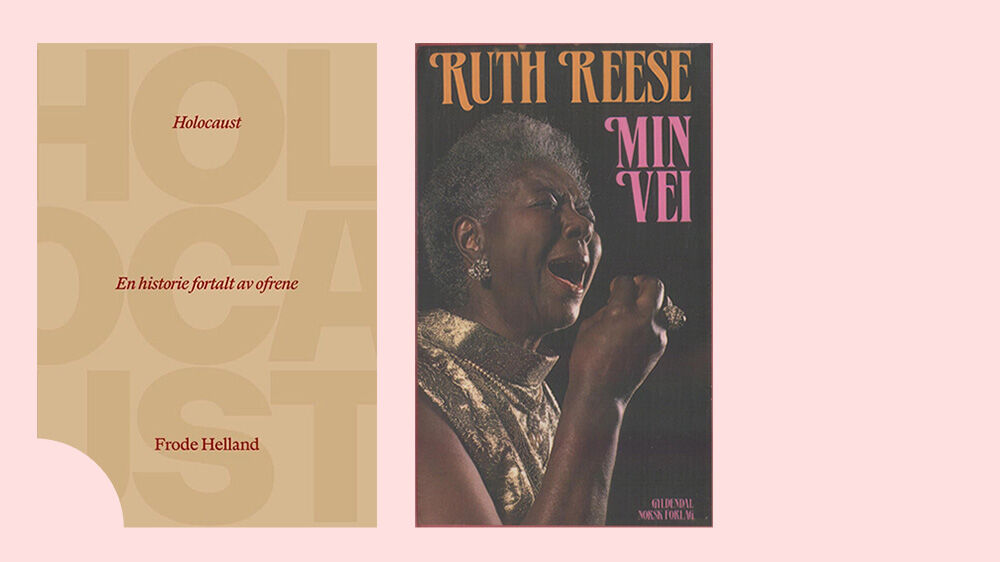 To bilder satt sammen. Bilde 1 med tekstene "Ruth Reese. Min vei. Gyldendal norske forlag." Bilde 2 med teksten "Holocaust. En historie fortalt av ofrene. Frode Helland. Press." 