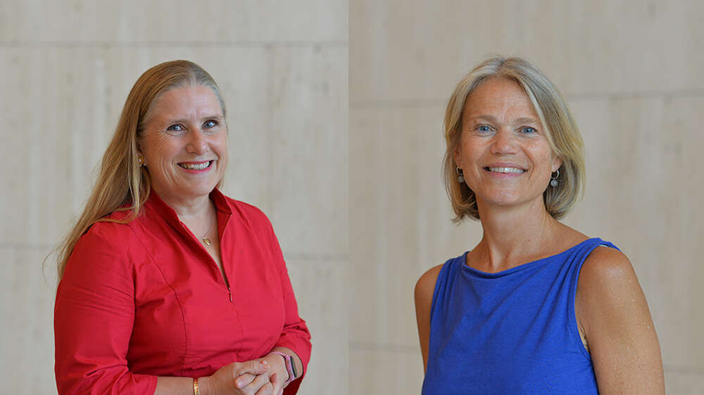 A collage of two women. On the left, a smiling woman with long blonde hair wearing red clothing. On the right, a smiling woman with short blonde hair wearing a blue-purple top.