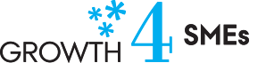 Logoen til prosjektet GROWTH. Sorte bokstaver og et blått firetall.