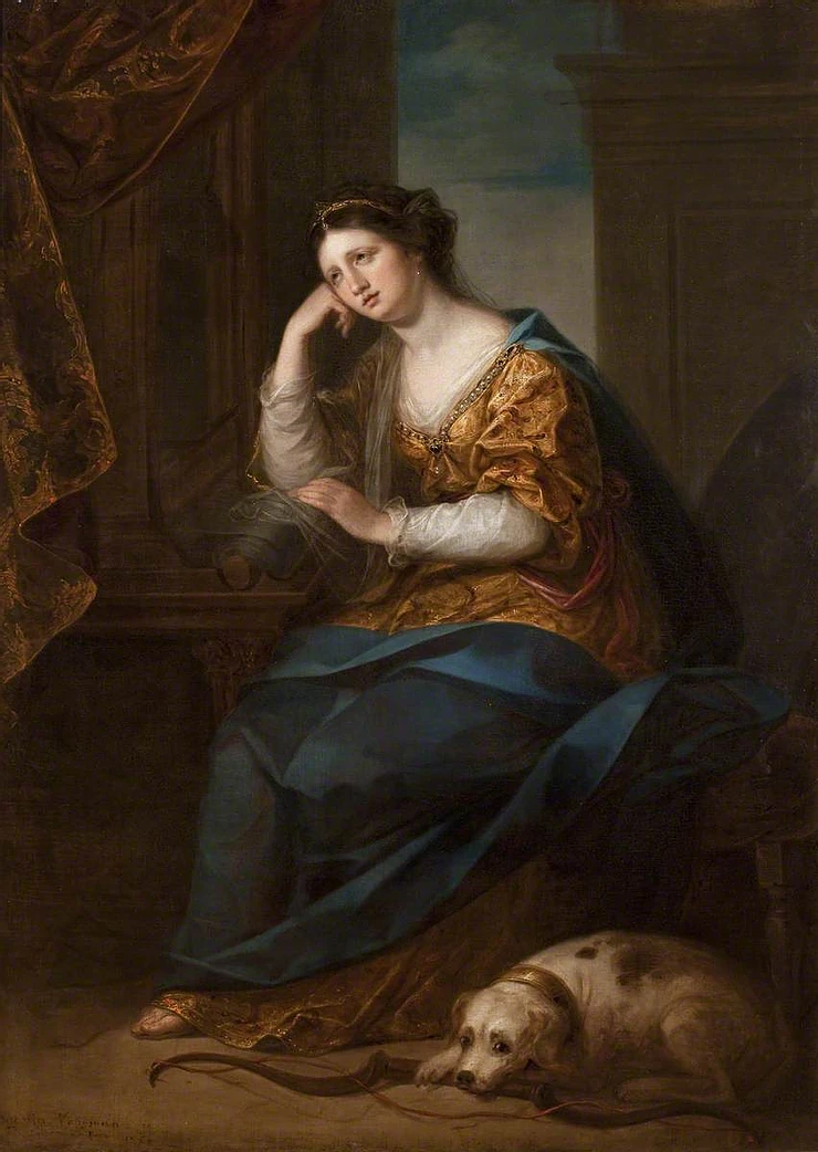 Penelope i 1700-talls drakt med vev og hund