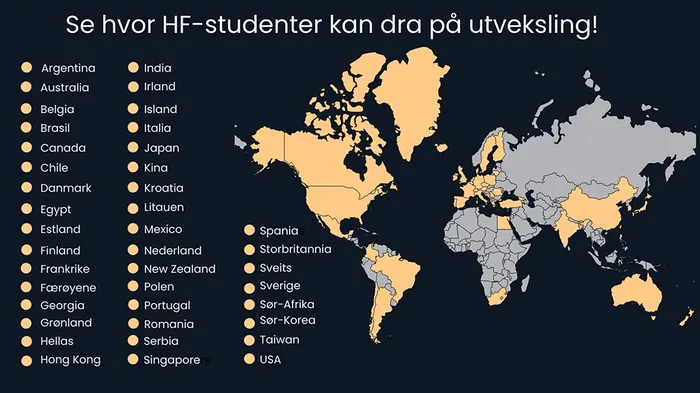 Verdenskart hvor landene HF-studenter kan reise på utveksling til er listet opp og markert i kartet. Se liste over land lenger nede i saken.