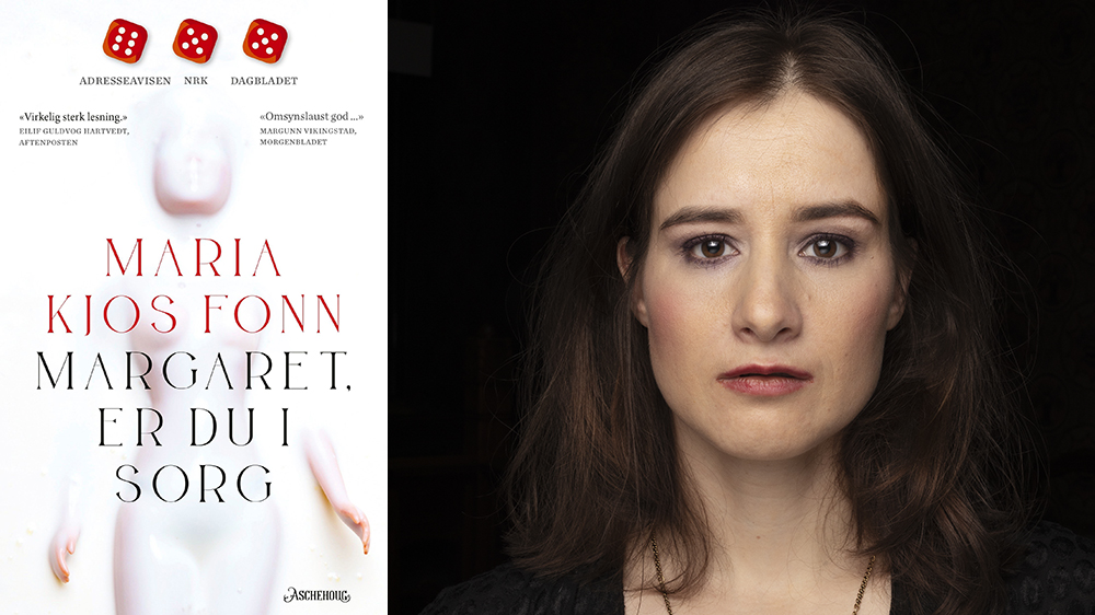 Portrett av kvinne med halvlangt, mørkt hår, brune øyne og svak leppestift, og bokomslag med skriften Maria Kjos Fonn. Margaret, er du i sorg. 