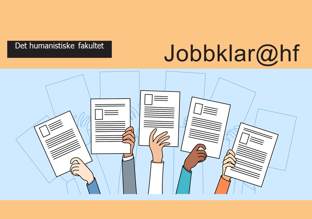 plakat med teksten jobbklar og bilde av hender som holder oppe flere CV-er