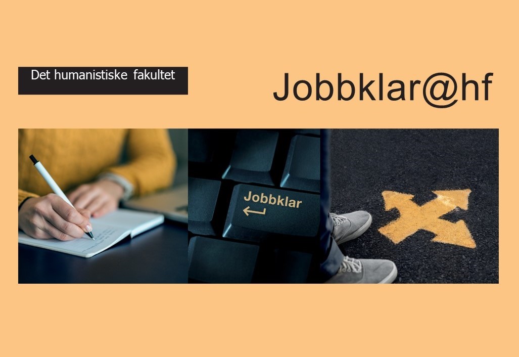 plakat med teksten Jobbklar og bilde av en som skriver i en bok 