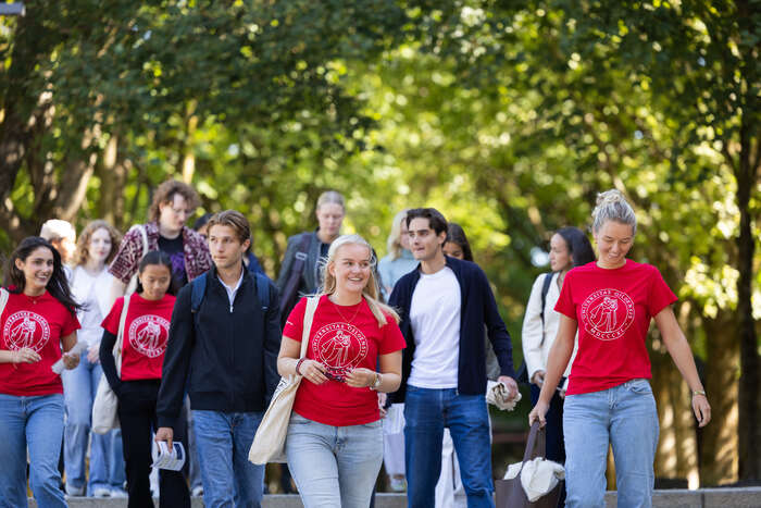 Nye studenter og faddere mingler på plenen
