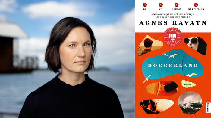 Collage av kvinne med kort mørkt hår og et bokomslag i rødt med skriften "Agnes Ravatn. Doggerland".