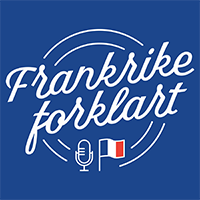 Illustrasjon. Teksten Frankrike forklart i hvitt på blå bakgrunn.Under teksten er en mikrofon og det franske flagget. 