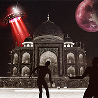 Et mausoleum omgitt av en stor måne og lysstråler fra en UFO. Foran mausoleet er det mørke menneskeskikkelser. Illustrasjon.