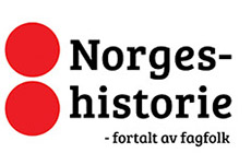 Illustrasjon. Hvit bakgrunn med to store røde rundinger på venstre side og svart tekst: Norgeshistorie -fortalt av fagfolk. 
