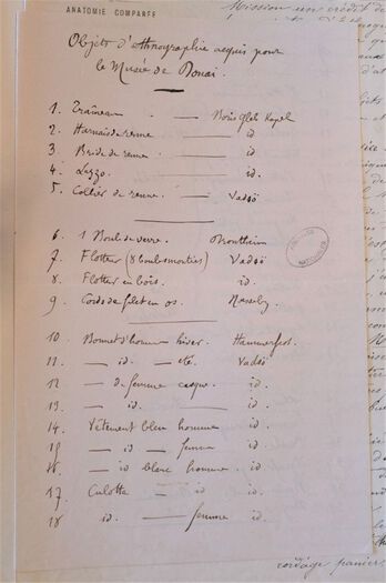 List of objects collected during French research travels.